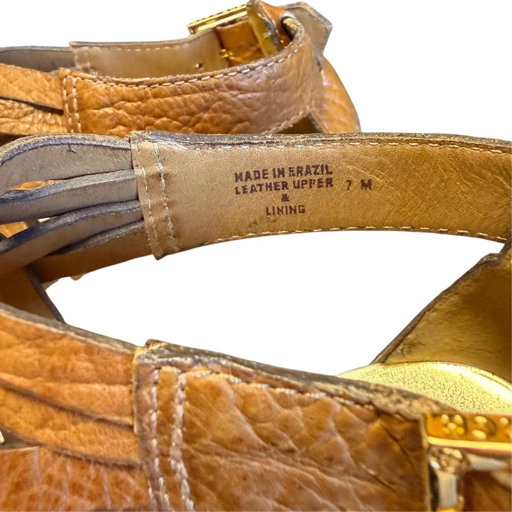 Tory Burch Tan Leather Woven Strappy Cork Wedge Sandals Gold Insole Size 7M